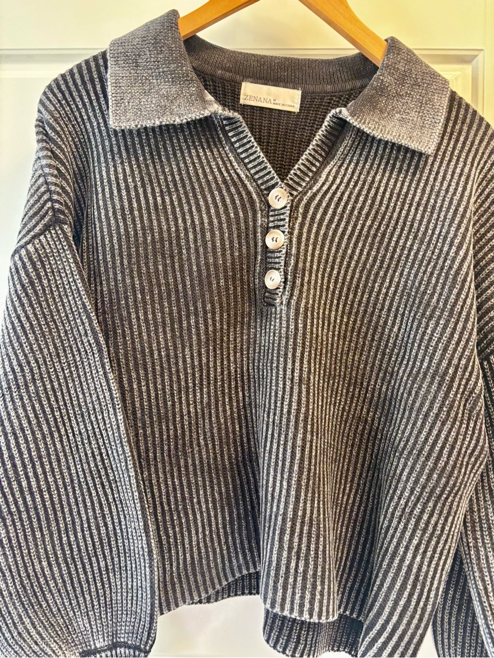 Zenana Outfitters Charcoal and Light Gray Ribbed Collared Button Pullover